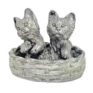 Vintage 1982 Spoontiques Pewter Kittens in A Basket  Miniature Figurine 1.25"